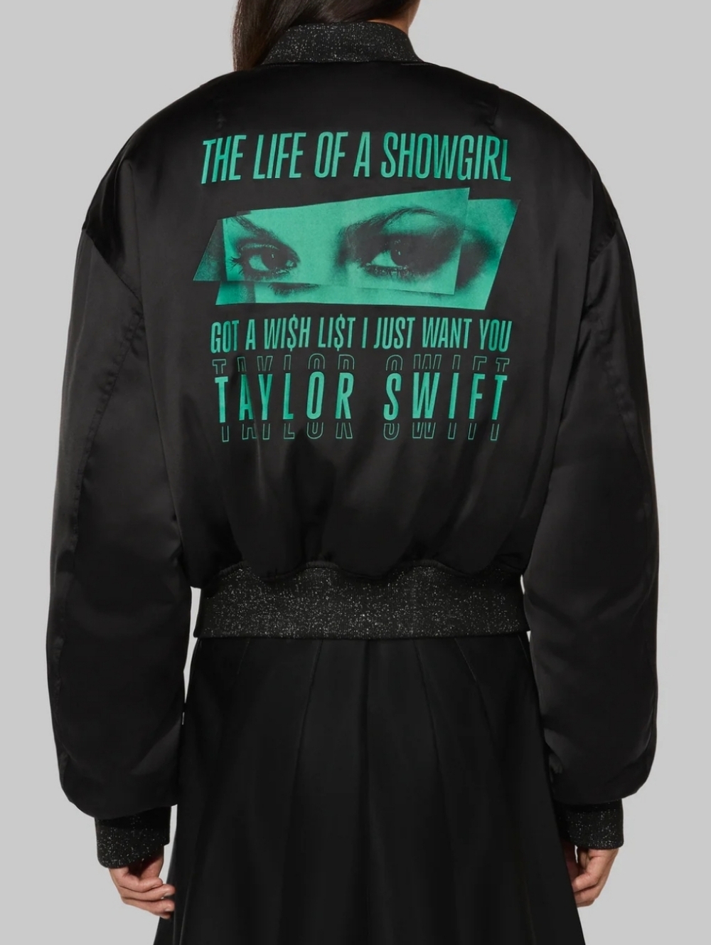 NEW Taylor Swift black satin Got A Wishlist‎ cropped bomber jacket coat M
